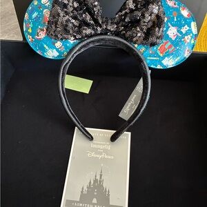 Disney Blue Character Print Mickey Ear Headband with Black Sequin Bow
